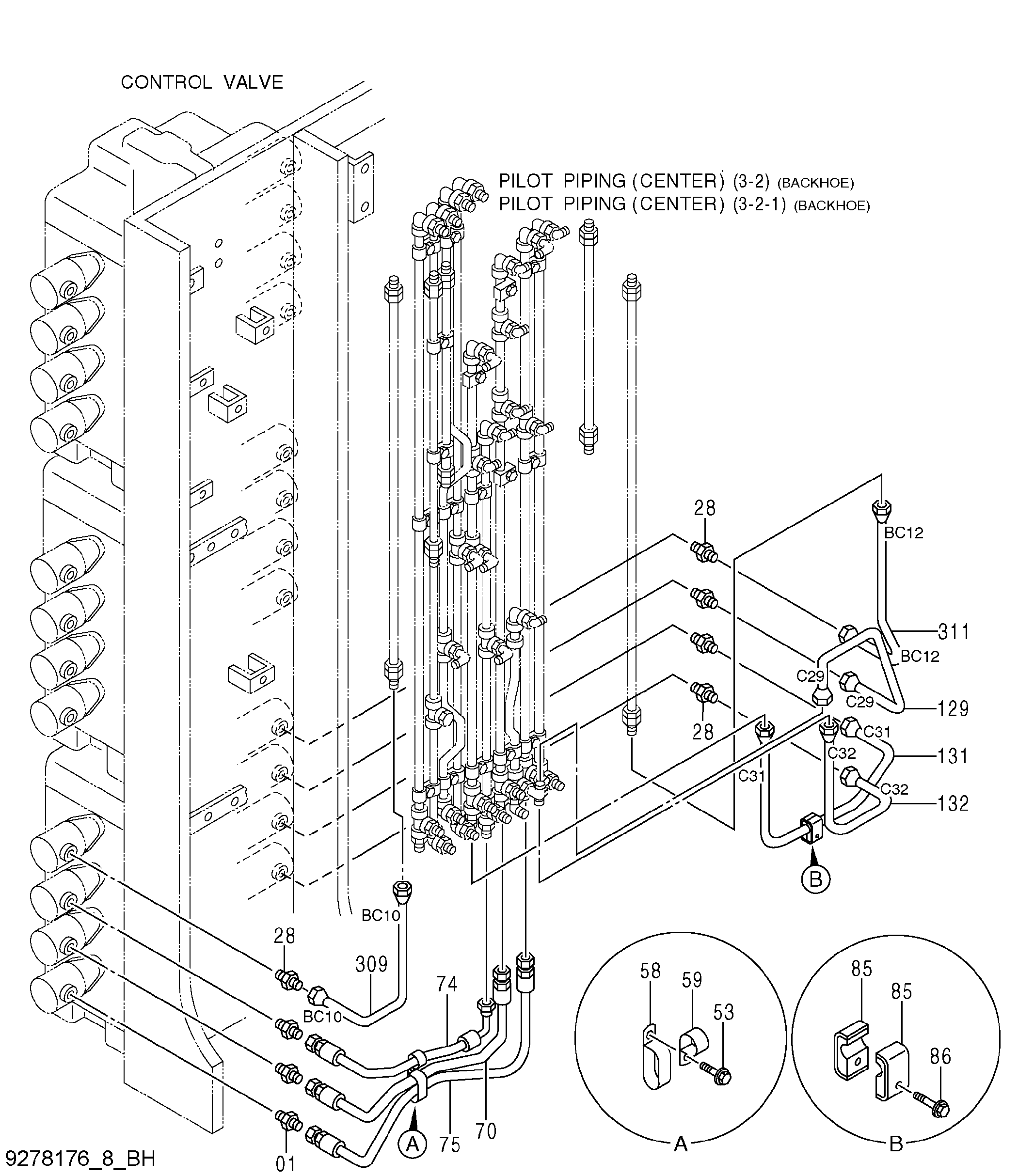 Схема Пилотные гидролинии (центральный)(3-8)(экскаватор) HITACHI EX5600-6BH
