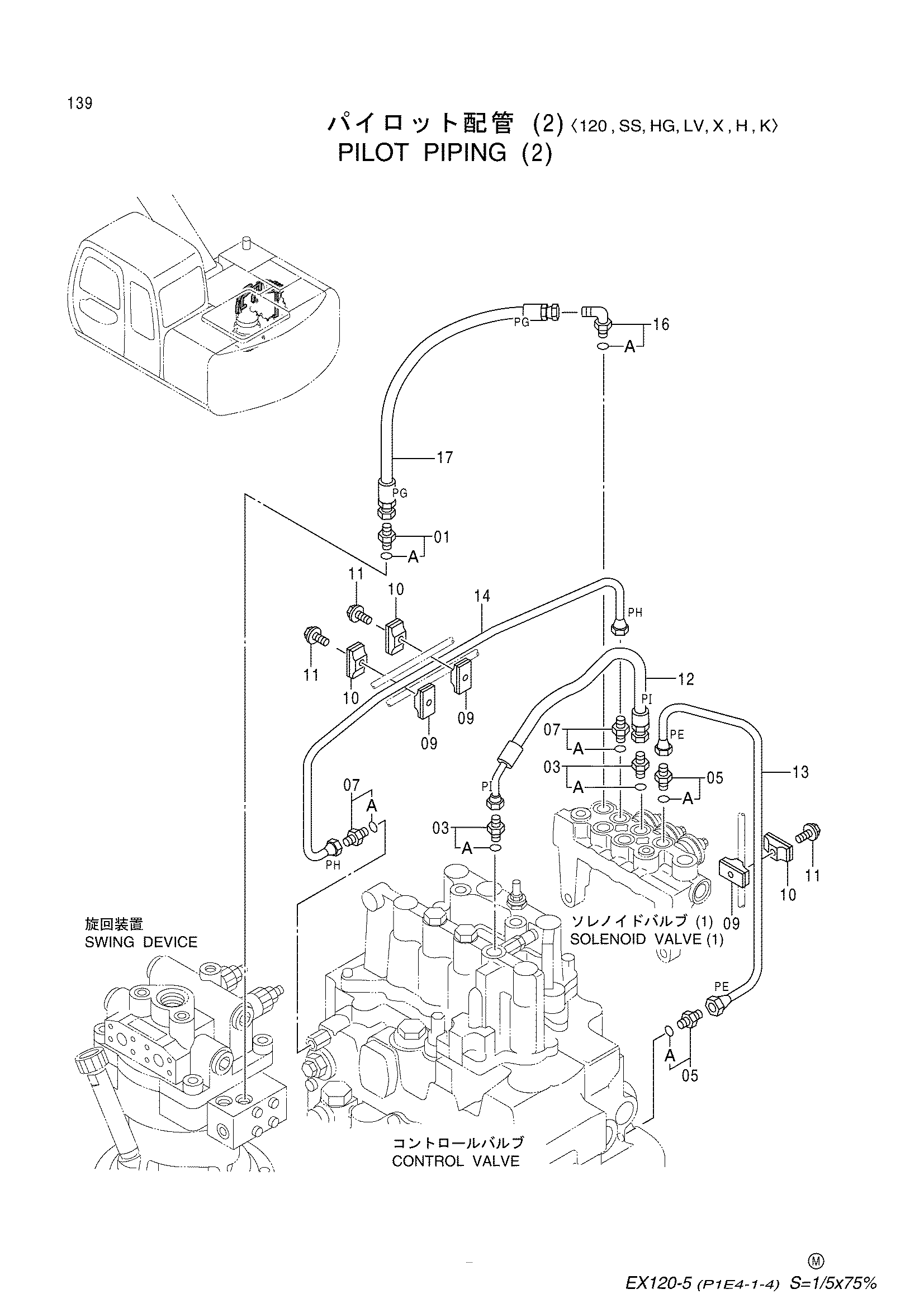 Схема Пилотный трубопроводы (2)<120, SS, HG, LV, X, H, K> HITACHI EX120-5HG