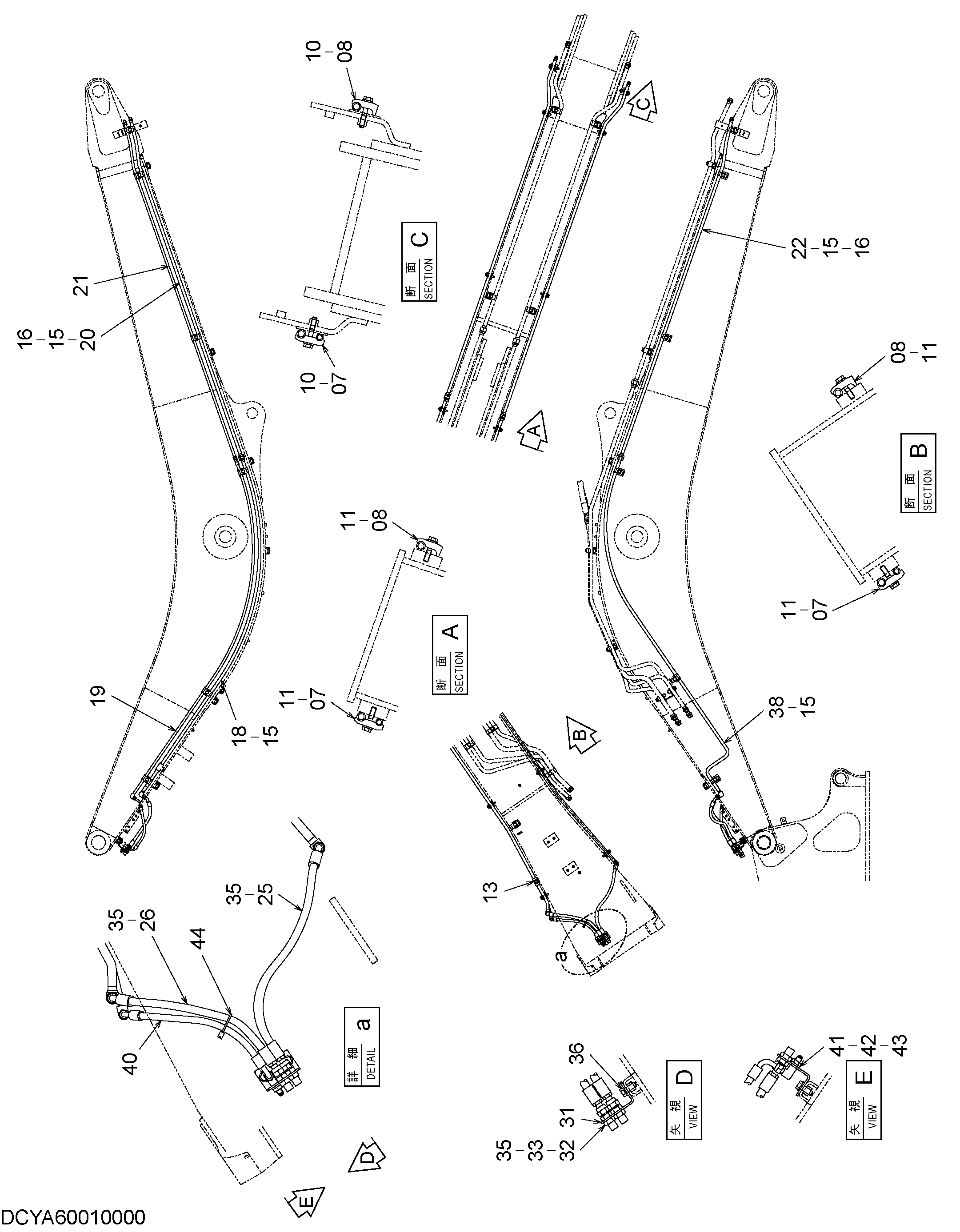 Схема Вспомогательный трубопроводы (стрела) HITACHI ZX210K-3