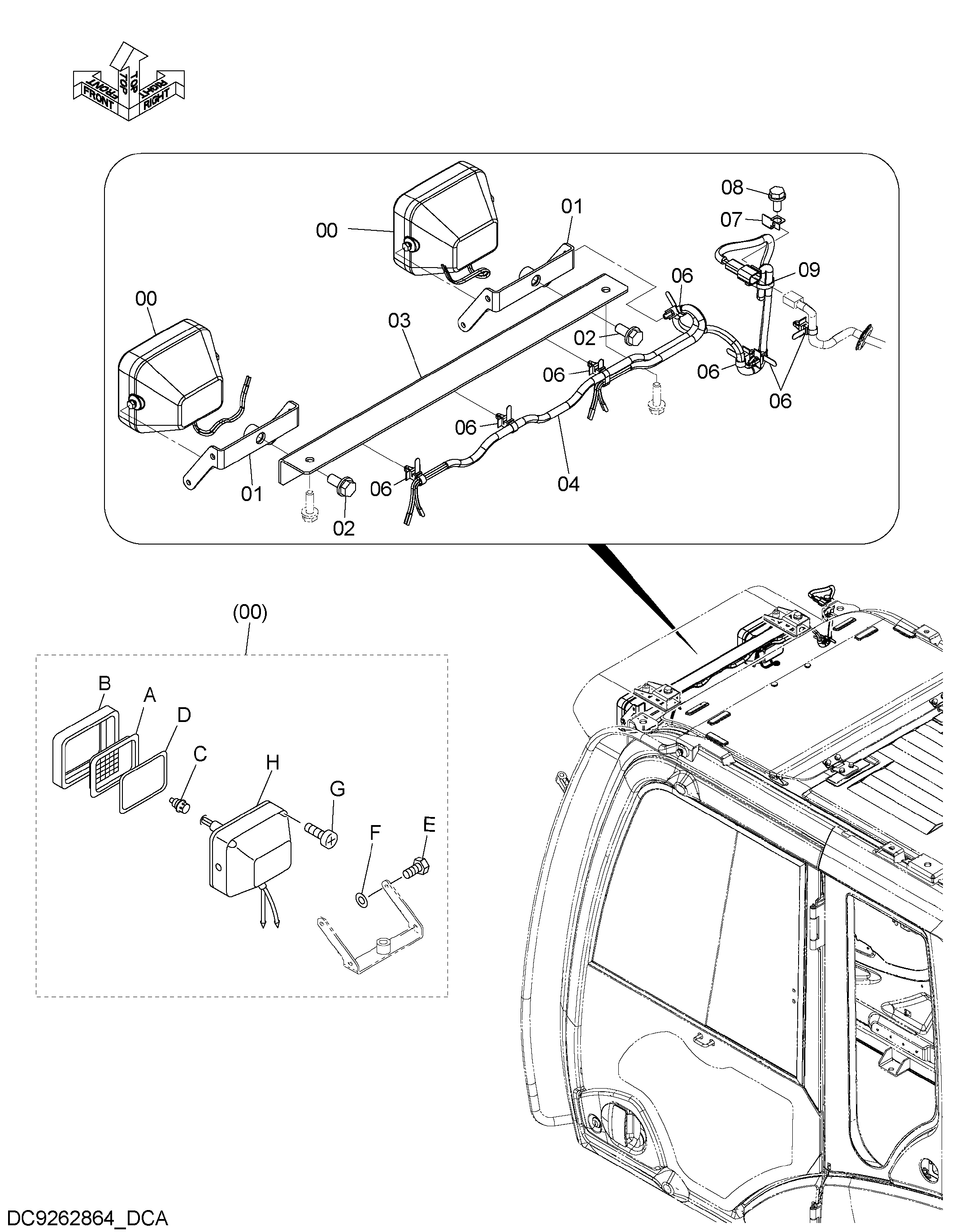 Схема Передний головка фонарь (2 фонарь с раин защита нижний HITACHI ZX290LC-5B