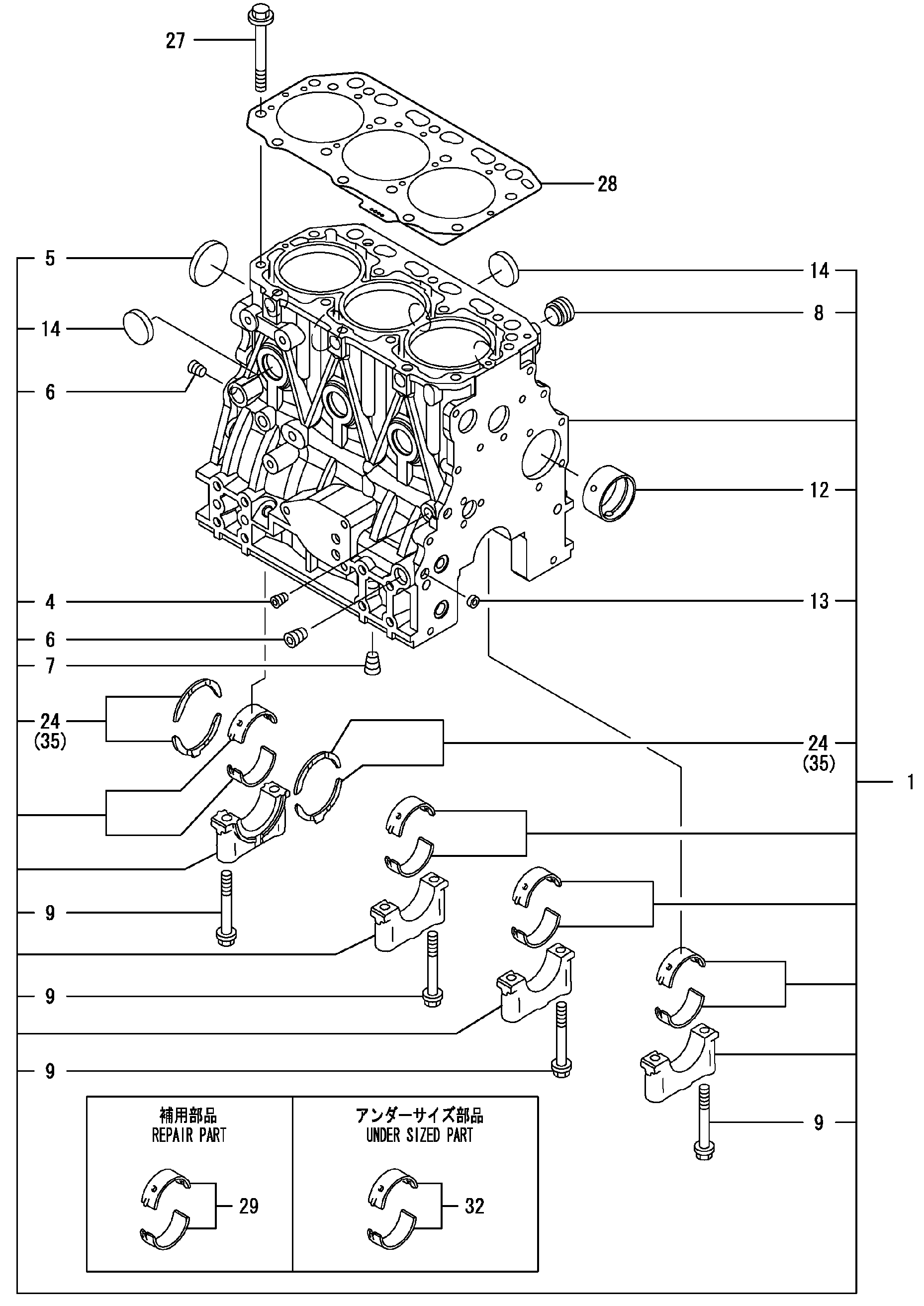 Схема Блок цилиндров HITACHI ZX27UNA-2