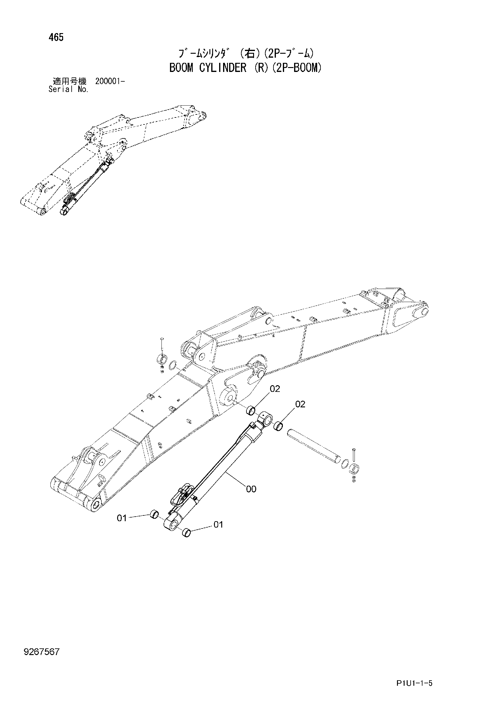 Схема Гидроцилиндр стрелы (правый)(2P-BOOM) HITACHI ZX210-3-AMS