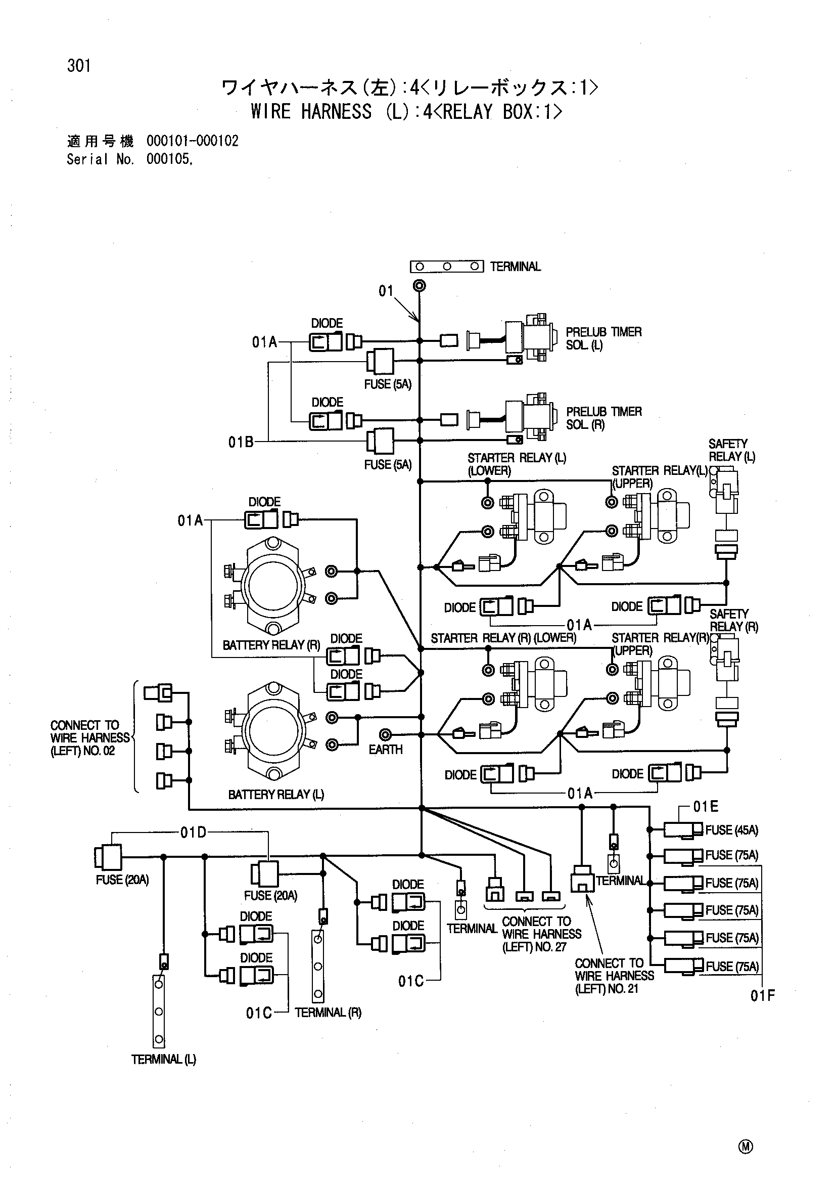 Схема Провод жгут проводов (левый): 4<реле короб: 1> HITACHI EX5500