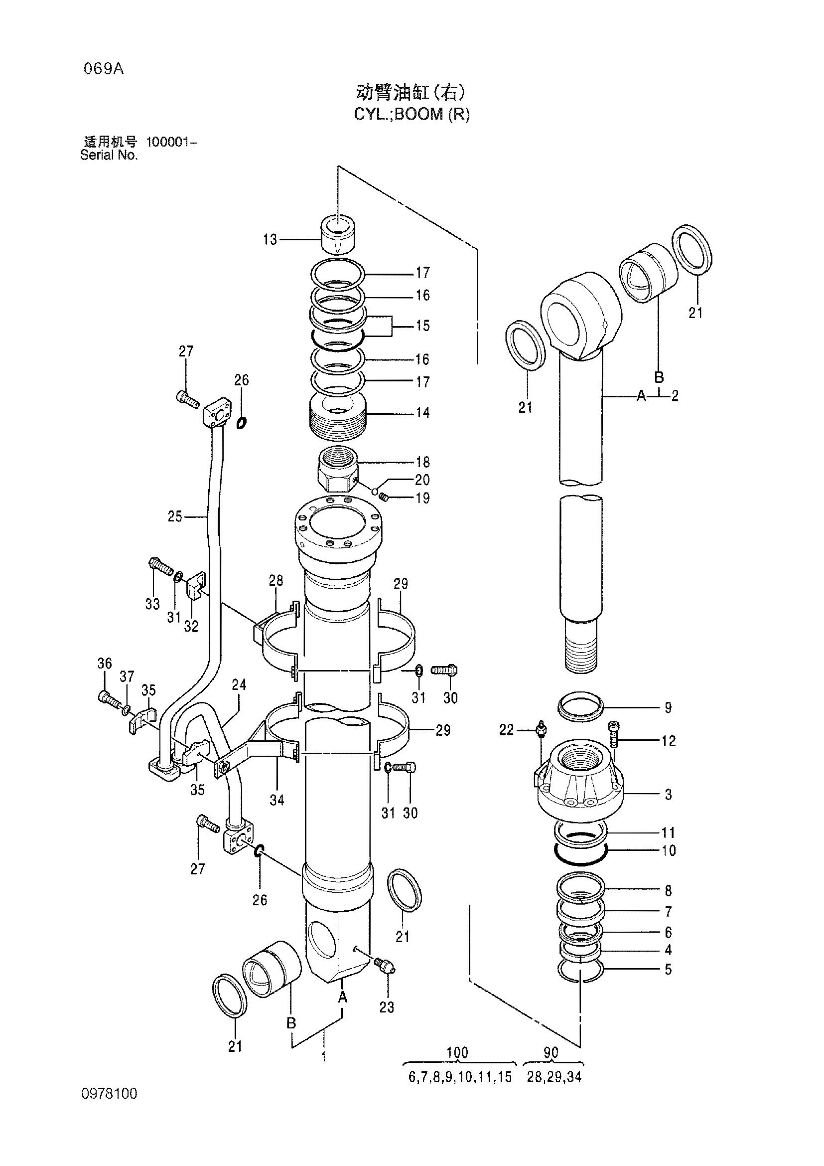 Схема Гидроцилиндр стрелы (правый) HITACHI ZX870H-3-HCMC
