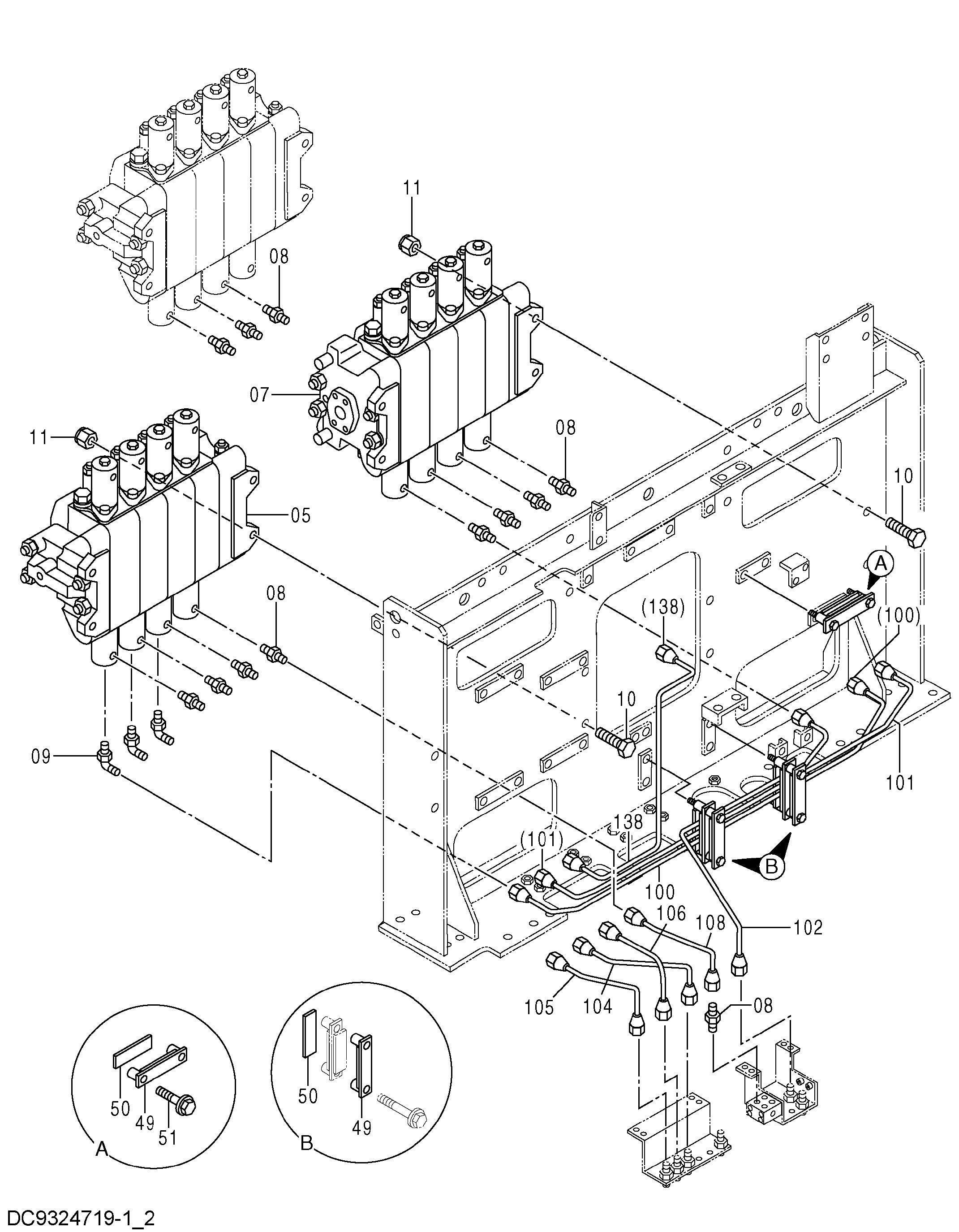 Схема Пилотные гидролинии (2)(гидрораспределитель) HITACHI EX2600-6BH