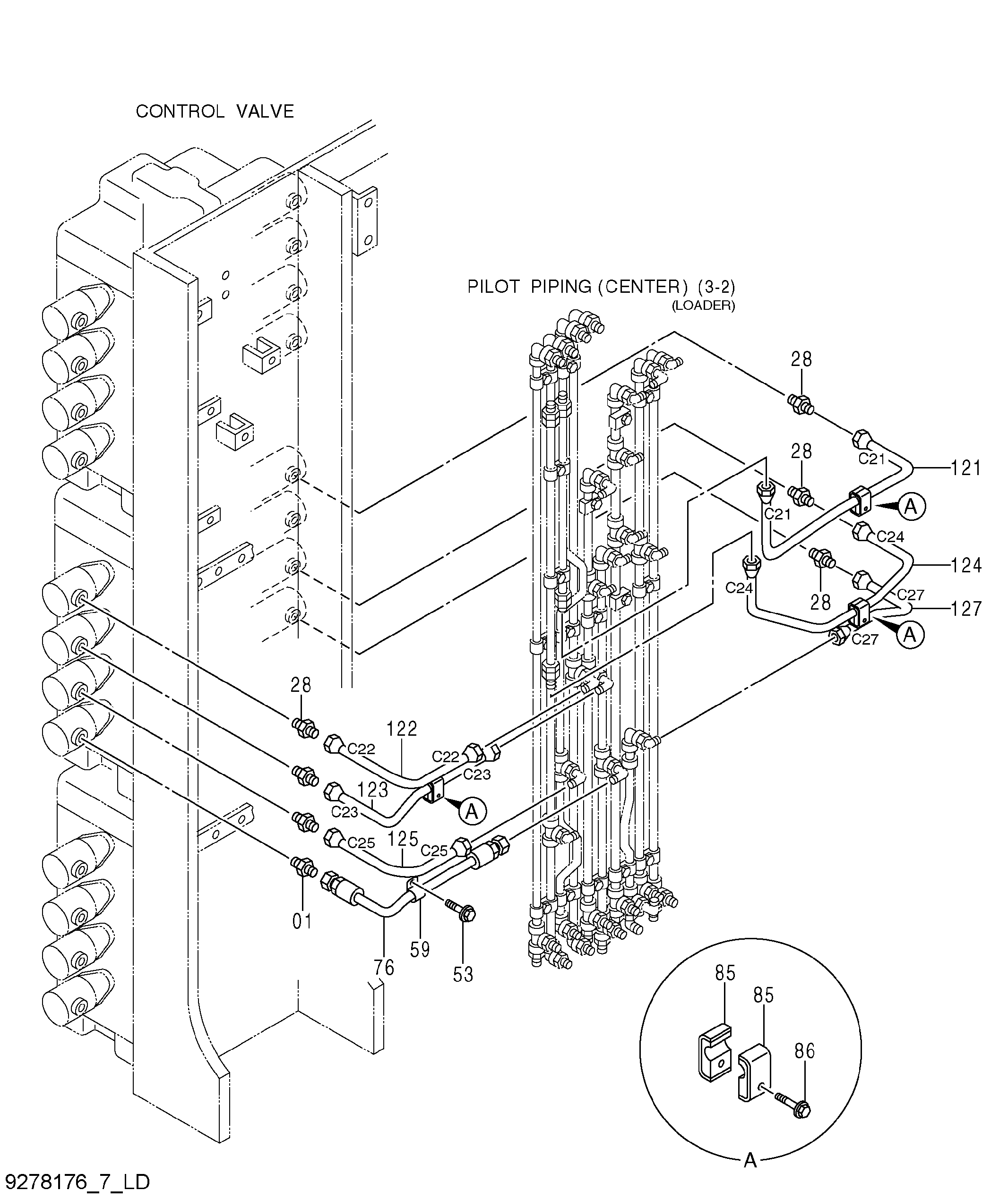 Схема Пилотные гидролинии (центральный)(3-7)(погрузчик) HITACHI EX5600-6LD