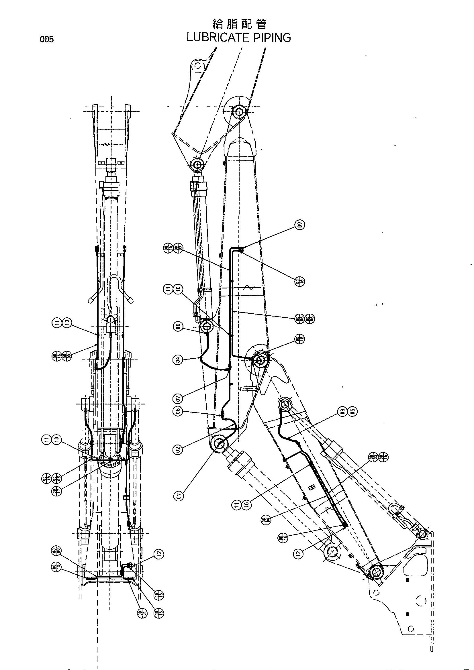 Схема Трубопроводы системы смазки (2-деталь стрела) HITACHI EX200-5 JPN