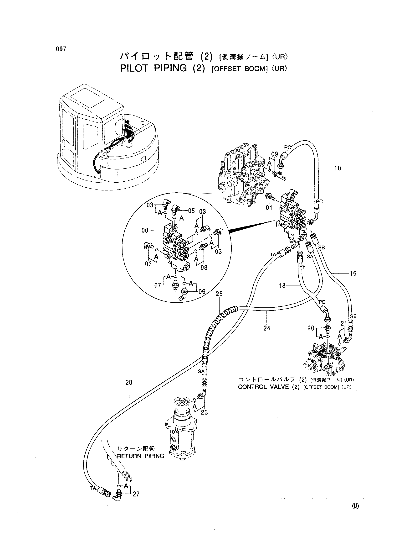 Схема Пилотные гидролинии (2) [смещаемый стрела] <UR> HITACHI EX75UR-5