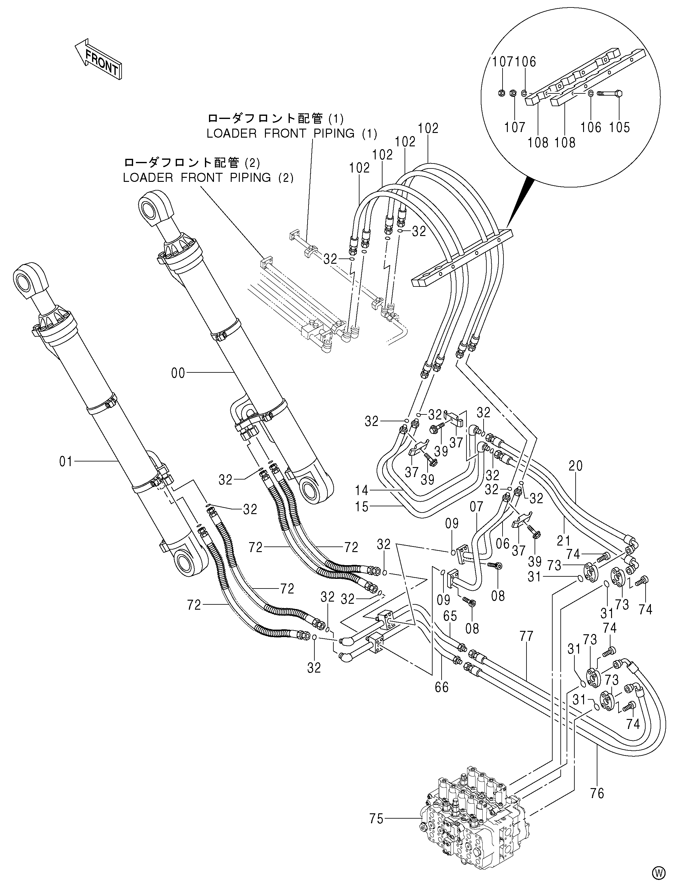 Схема Погрузчик основные гидролинии (1)<450, H, MT, MTH> HITACHI ZX480MT