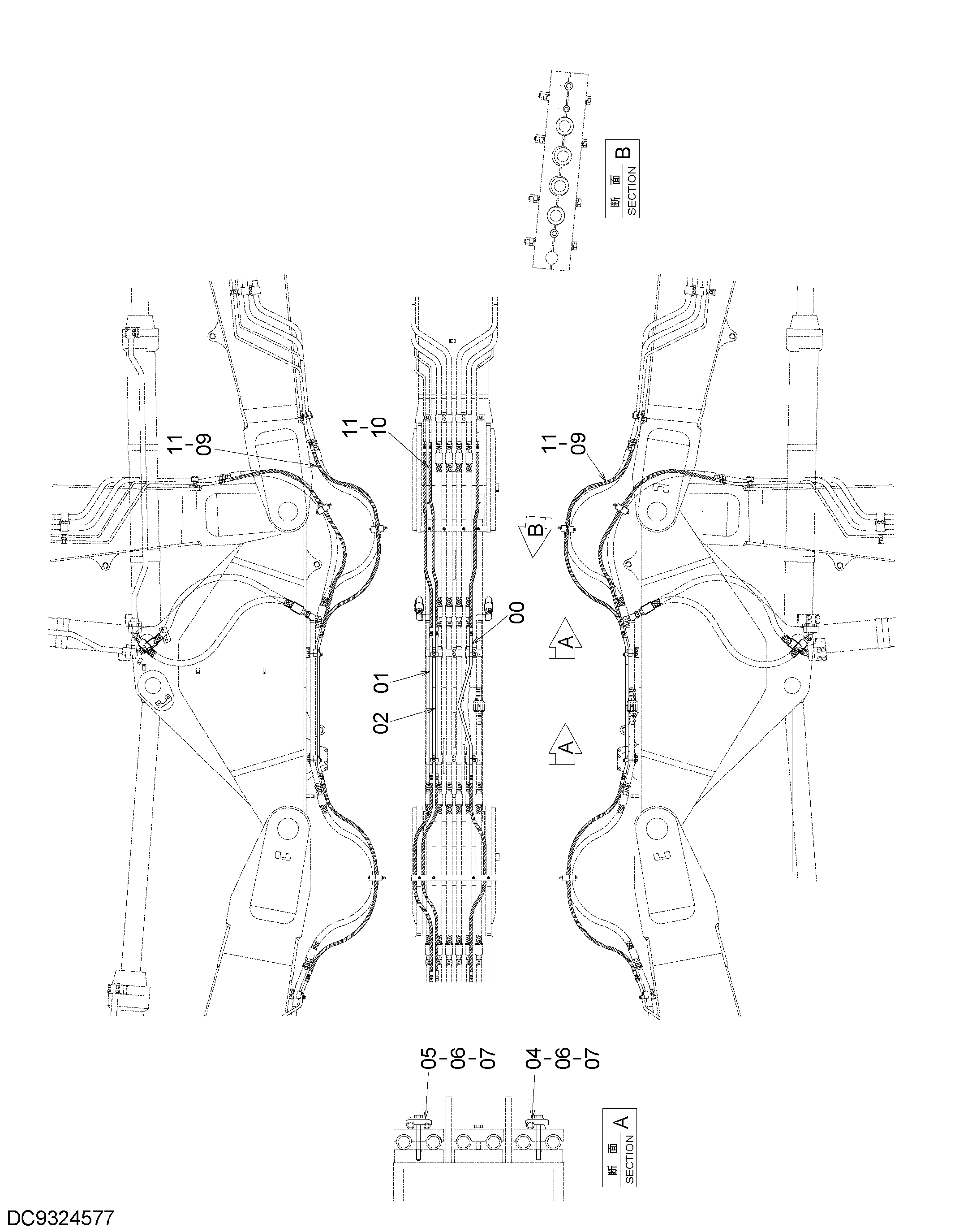 Схема Поворот трубопроводы (средний рукоять 2.7m) HITACHI ZX1800K-3