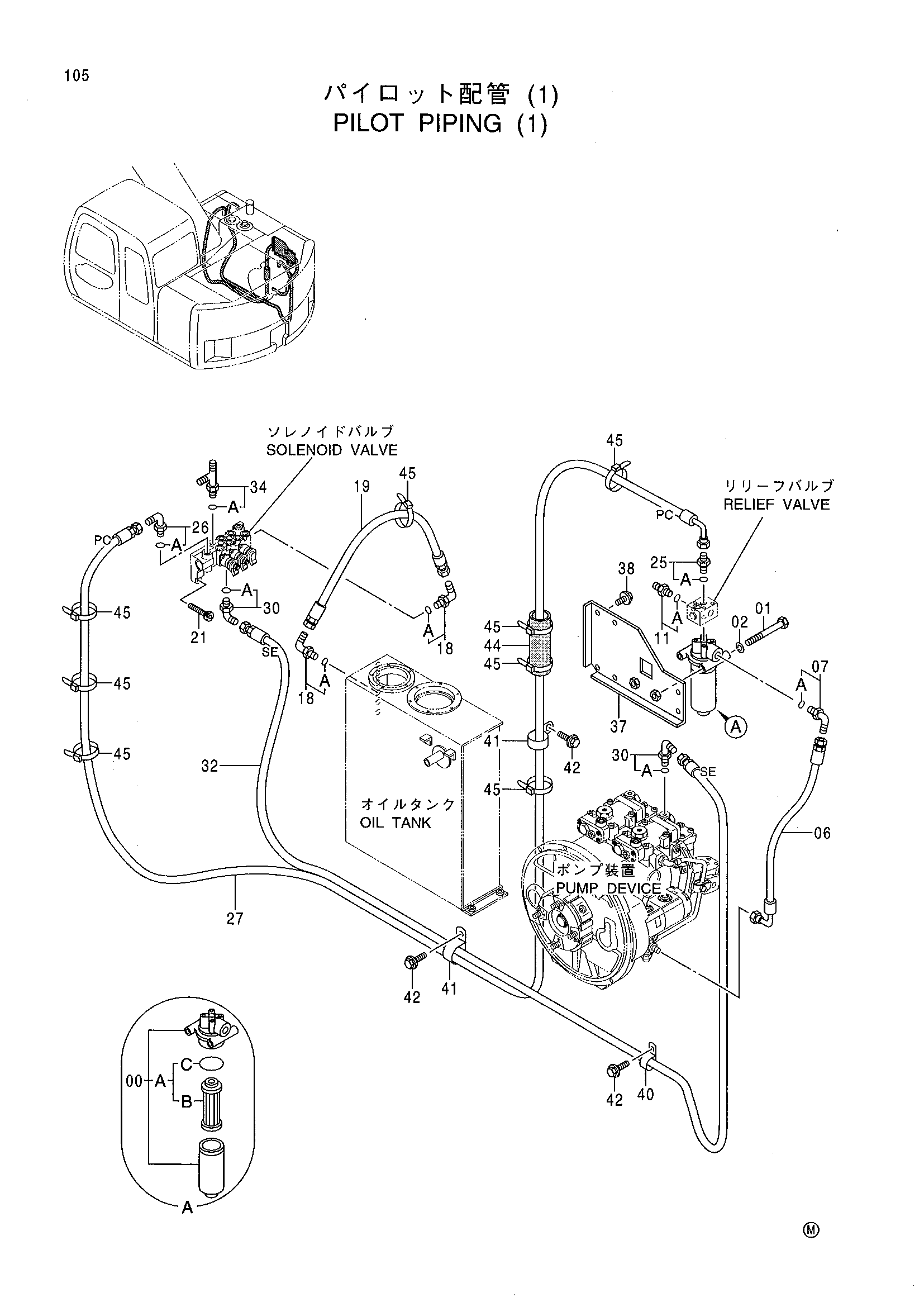 Схема Пилотные гидролинии (1) HITACHI EX125WD-5