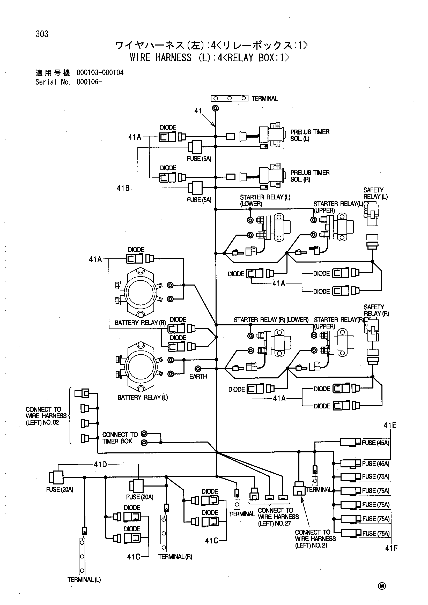 Схема Провод жгут проводов (левый): 4<реле короб: 1> HITACHI EX5500
