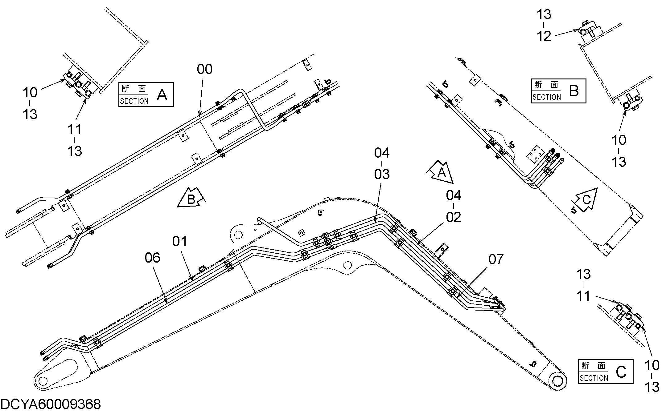 Схема Вспомогательный трубопроводы (стрела) HITACHI ZX75US-3