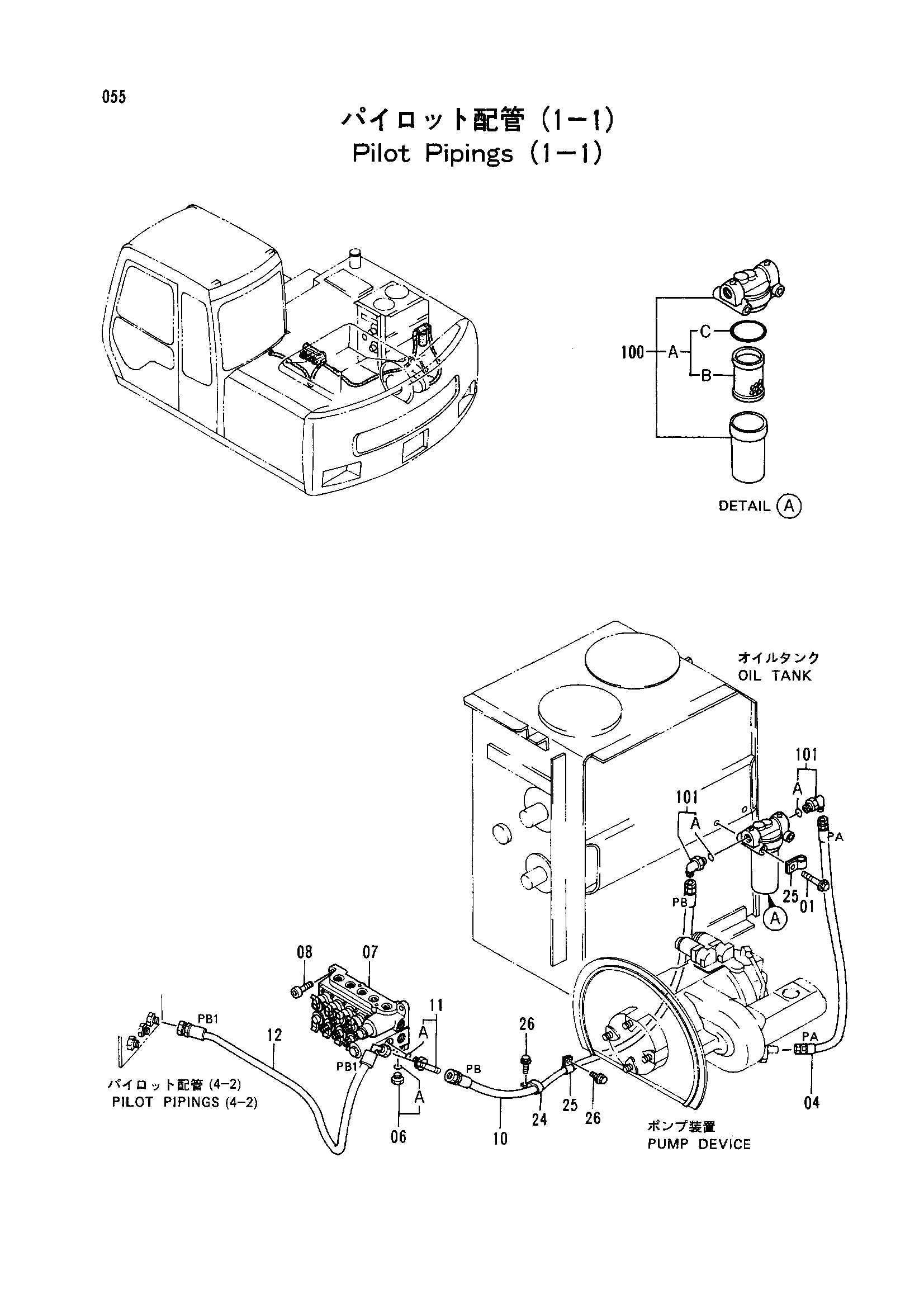 Схема Пилотный трубопроводы (1-1) HITACHI EX100WD-2