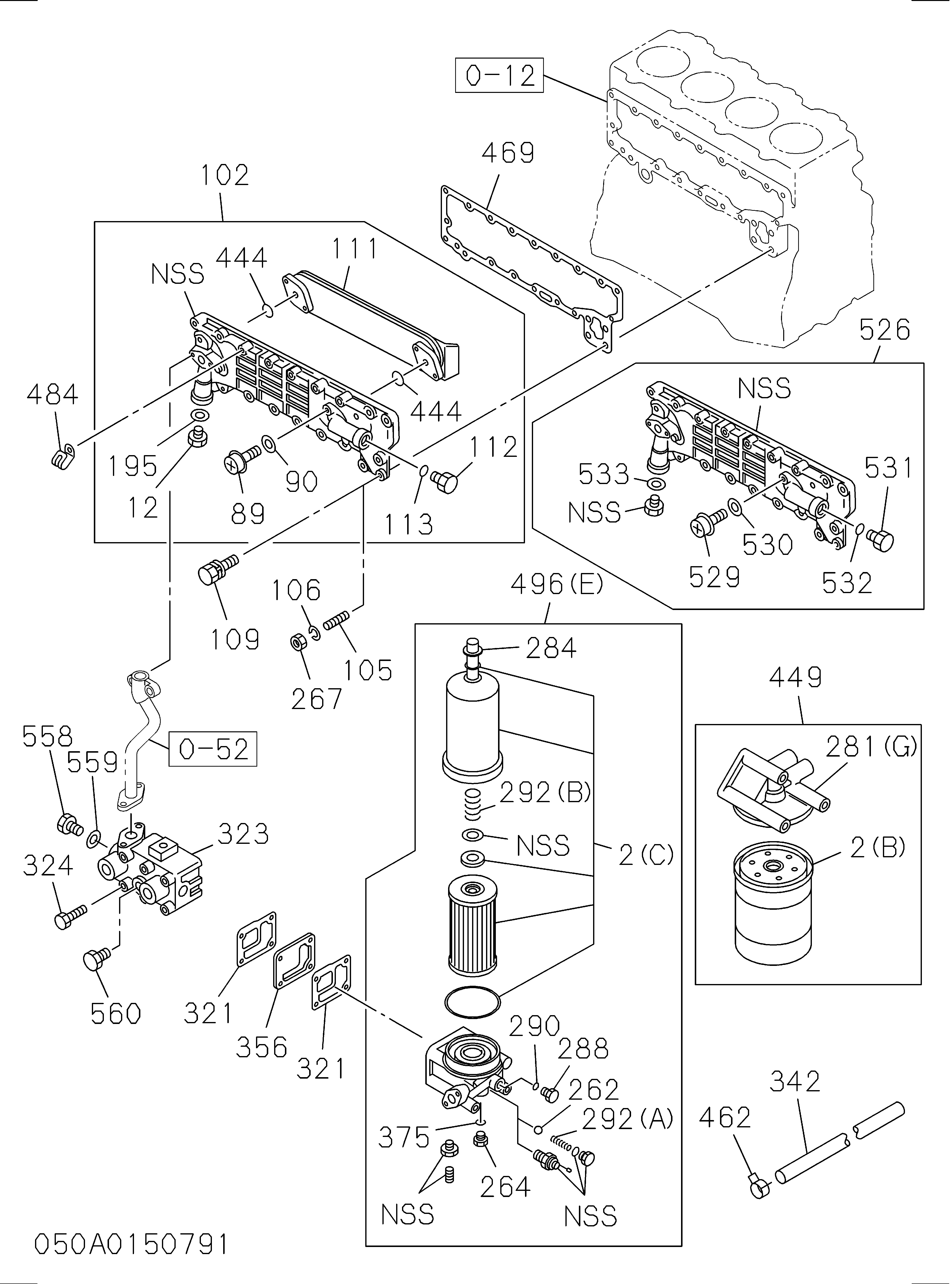 Схема 050: Масляный радиатор и масляный фильтр HITACHI LX70-3