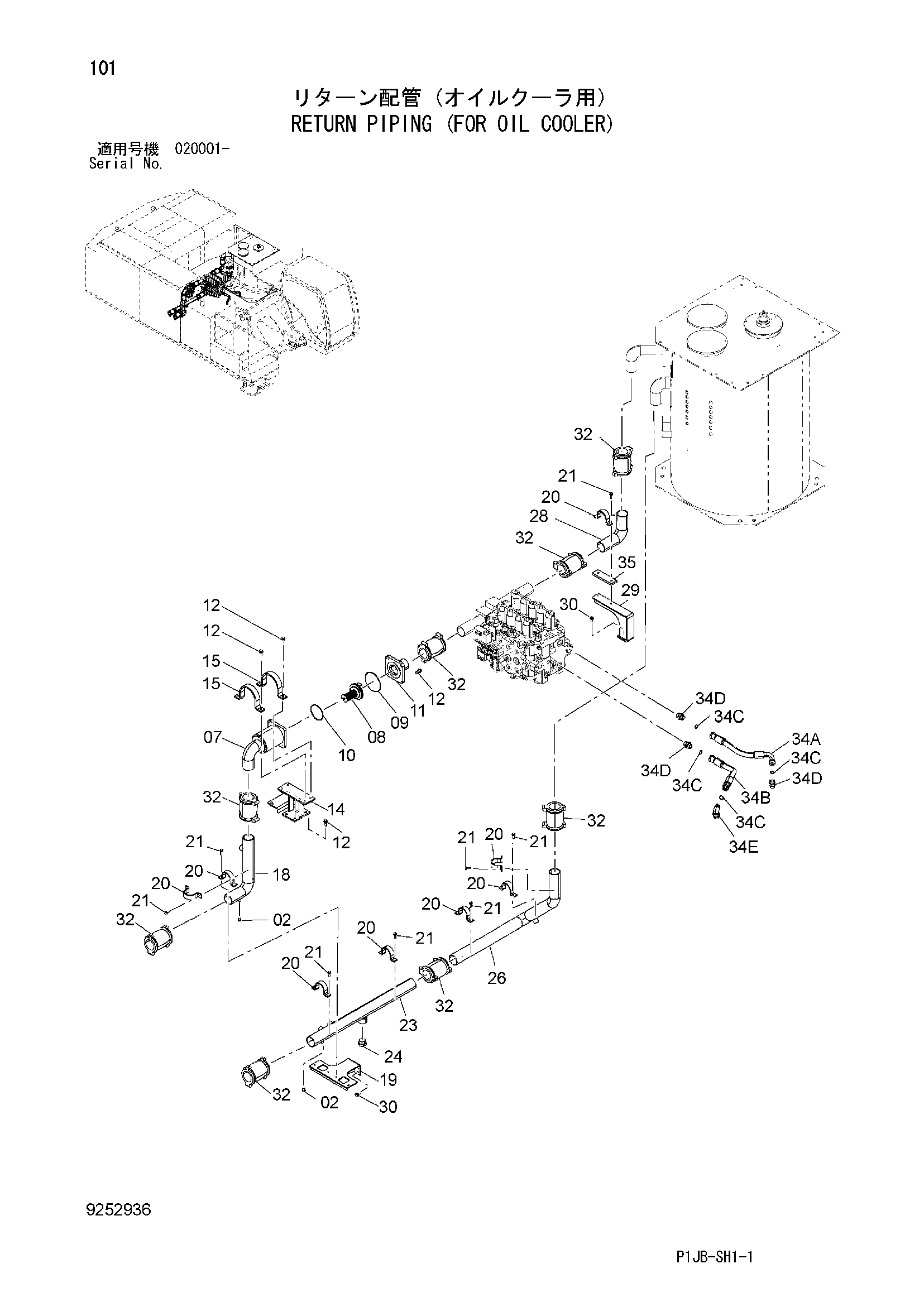 Схема Обратные трубопроводы (для масляный радиатор) HITACHI ZX850-3