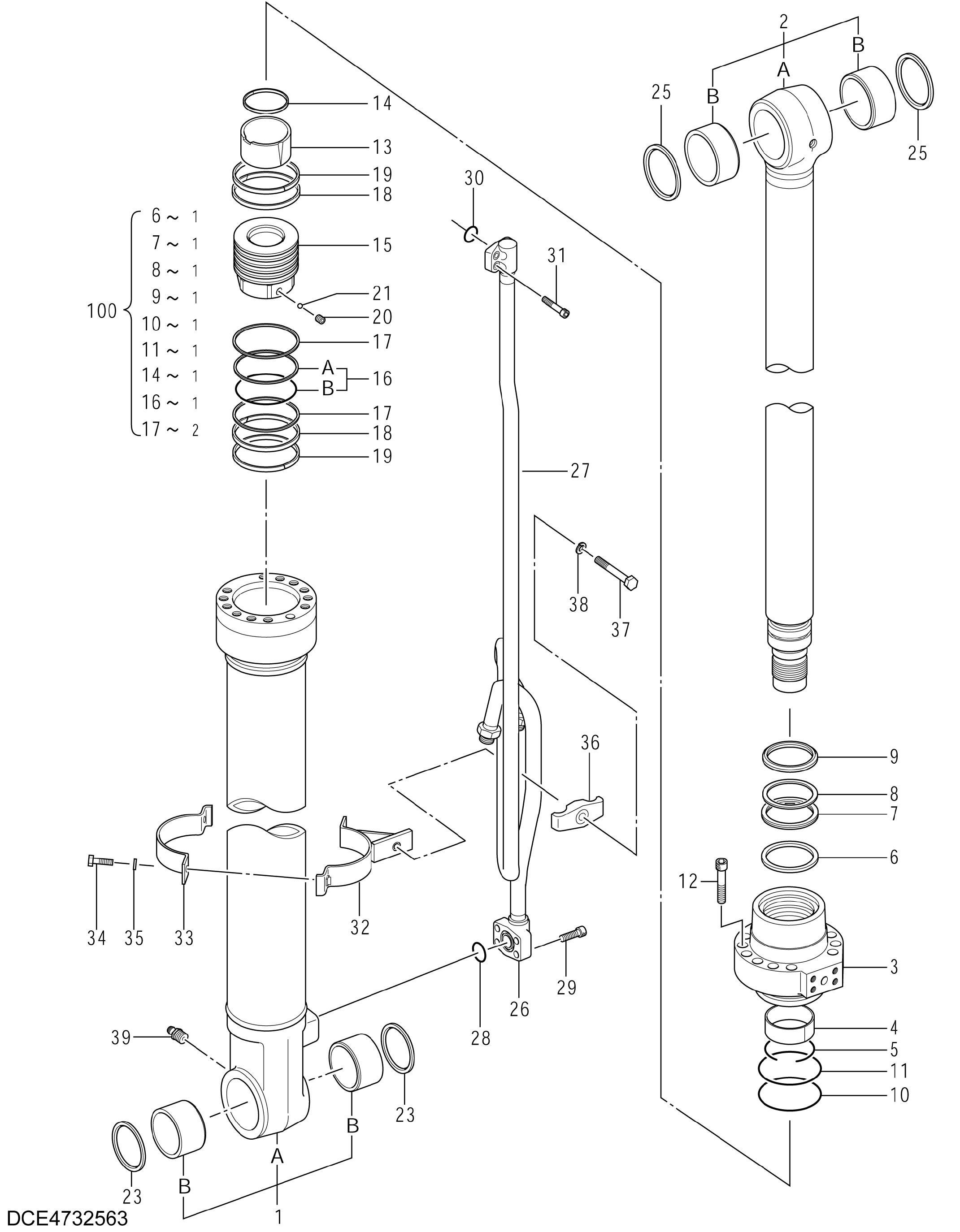 Схема Гидроцилиндр стрелы (левый) HITACHI ZX225US-3