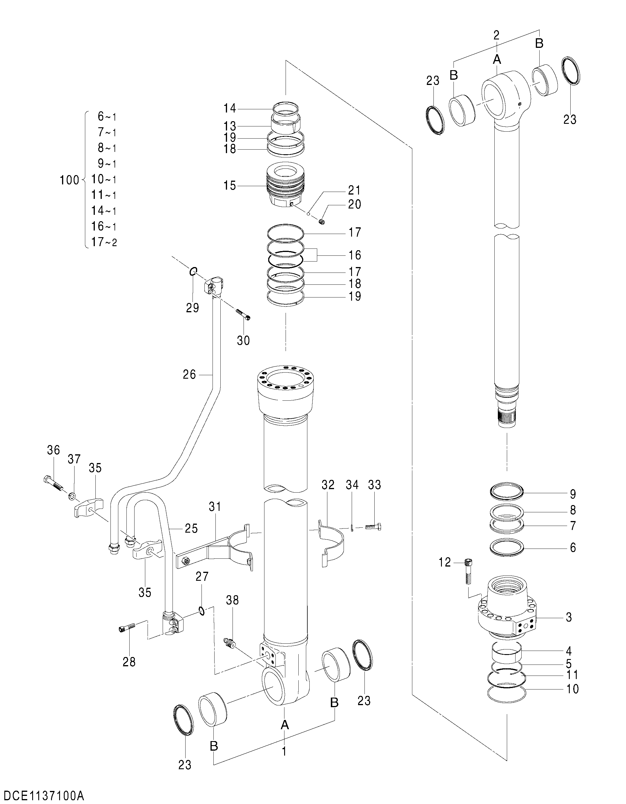 Схема Гидроцилиндр стрелы (правый)(моноблочный стрела) HITACHI ZX140W-3