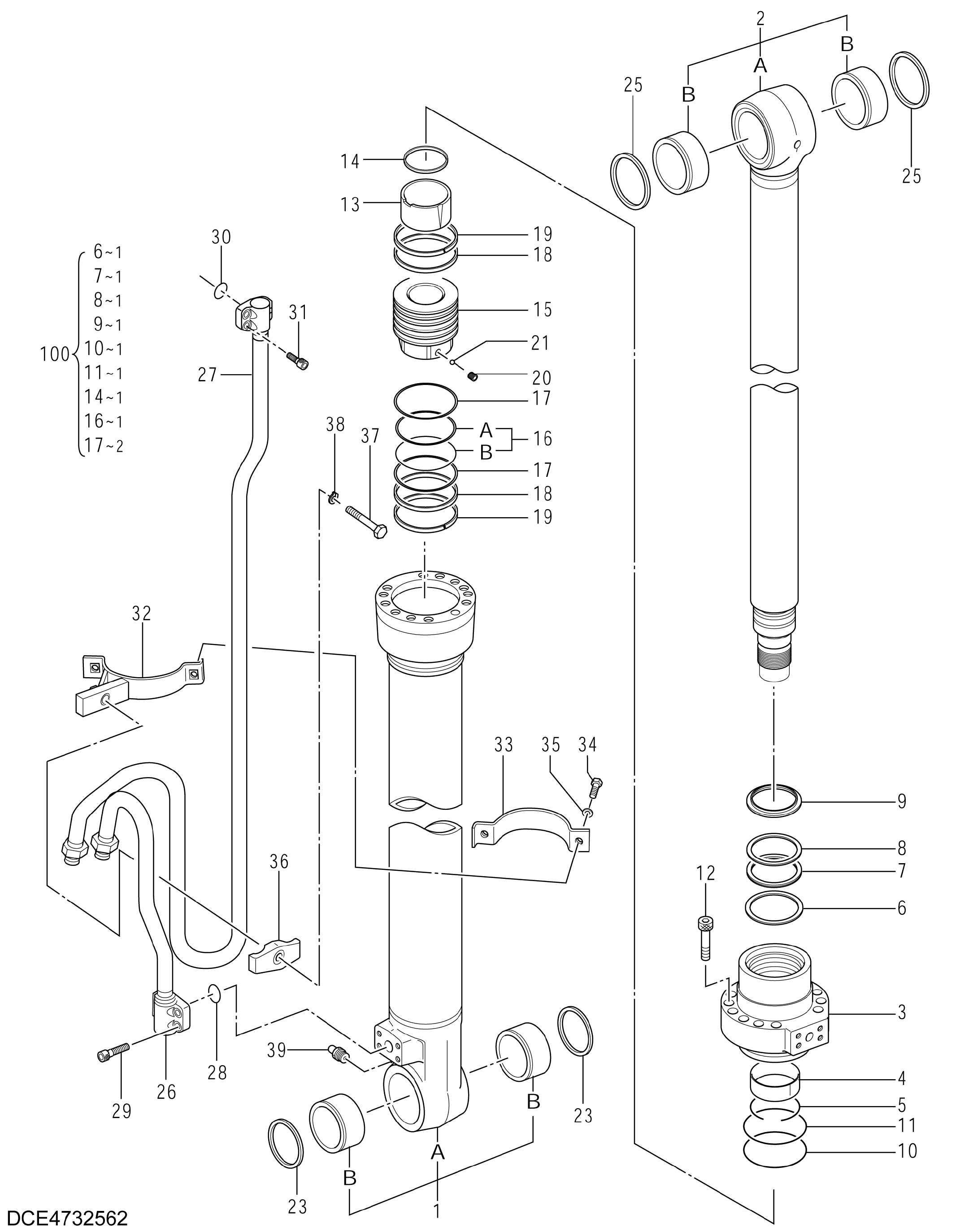 Схема Гидроцилиндр стрелы (правый) HITACHI ZX225US-3