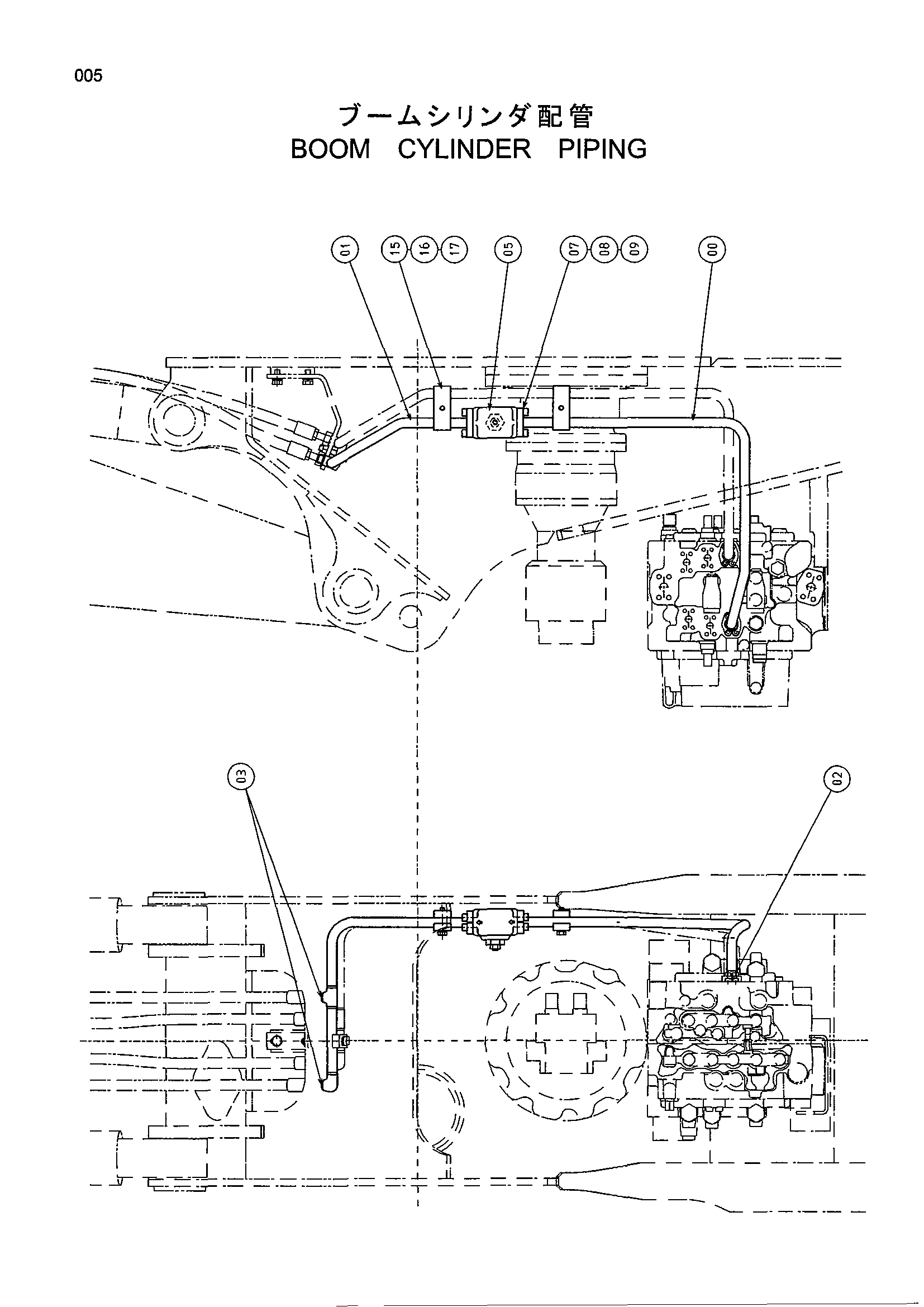 Схема Гидроцилиндр стрелы трубопроводы HITACHI EX400-5