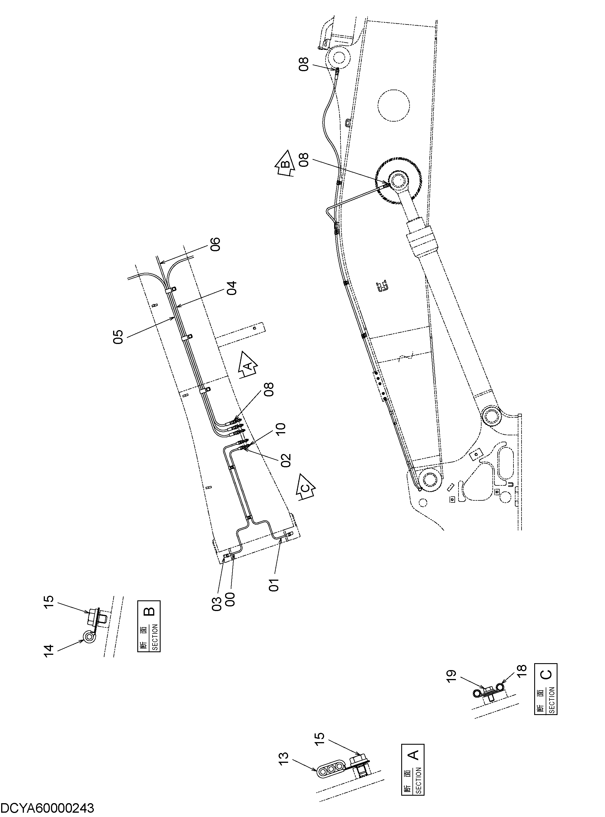 Схема Трубопроводы системы смазки (4.8m стрела) HITACHI ZX135US-3