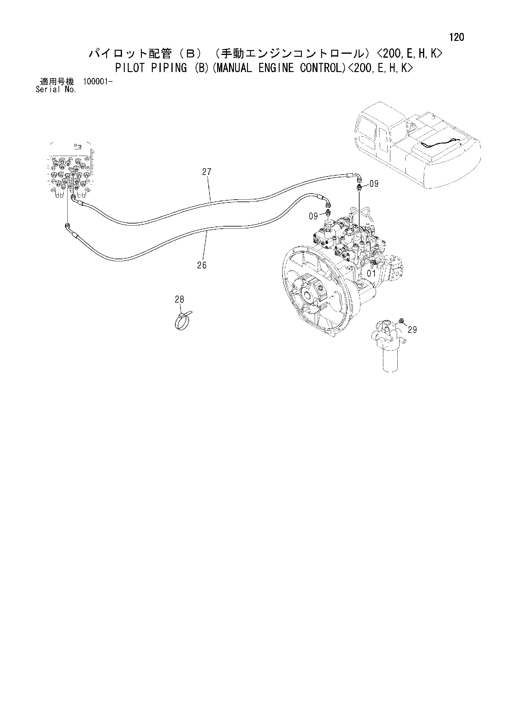 Схема Пилотные гидролинии (B)(ручной управление двигателем)<200, E, H, K> HITACHI ZX210N-AMS