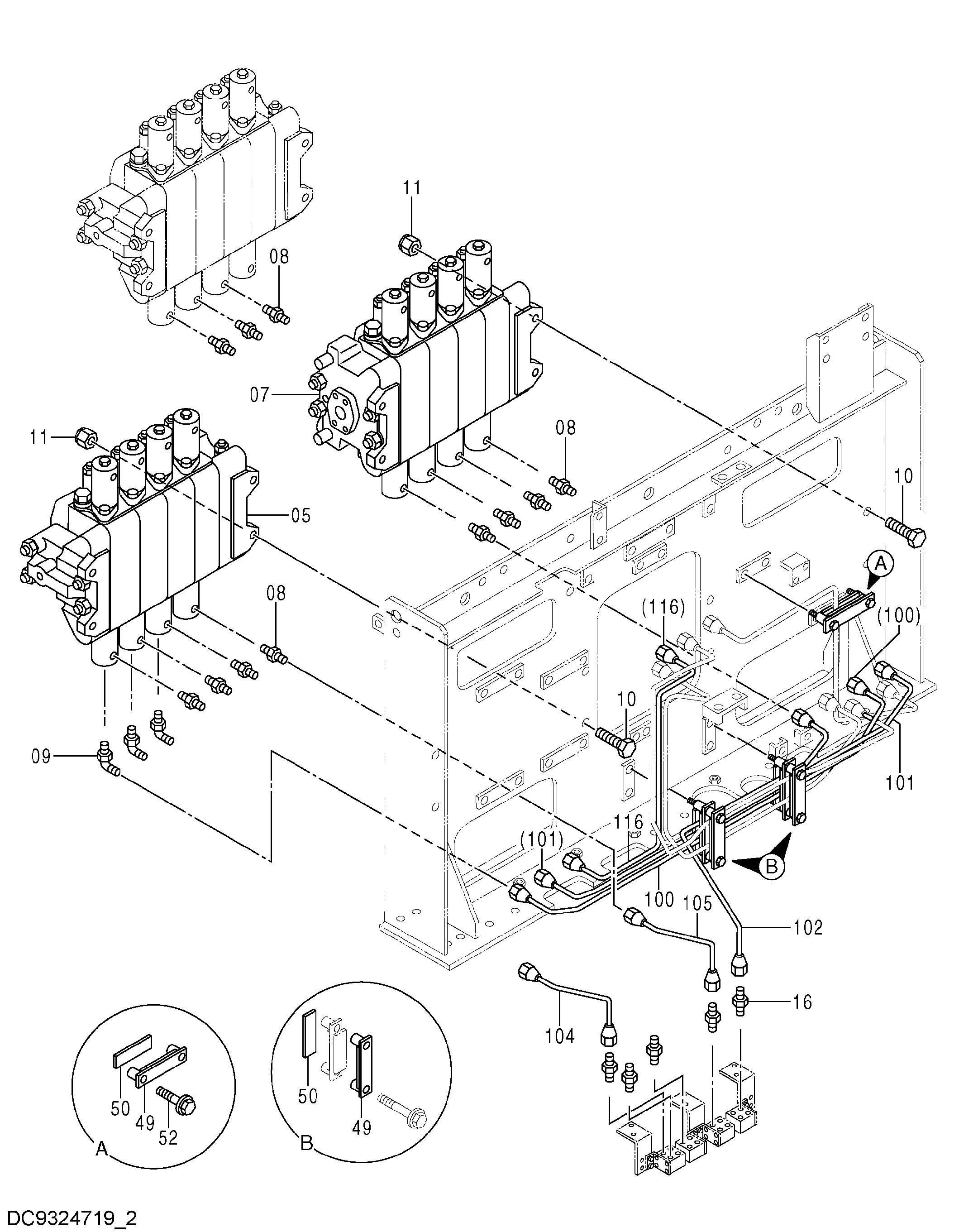 Схема Пилотные гидролинии (2)(гидрораспределитель) HITACHI EX2600-6BH