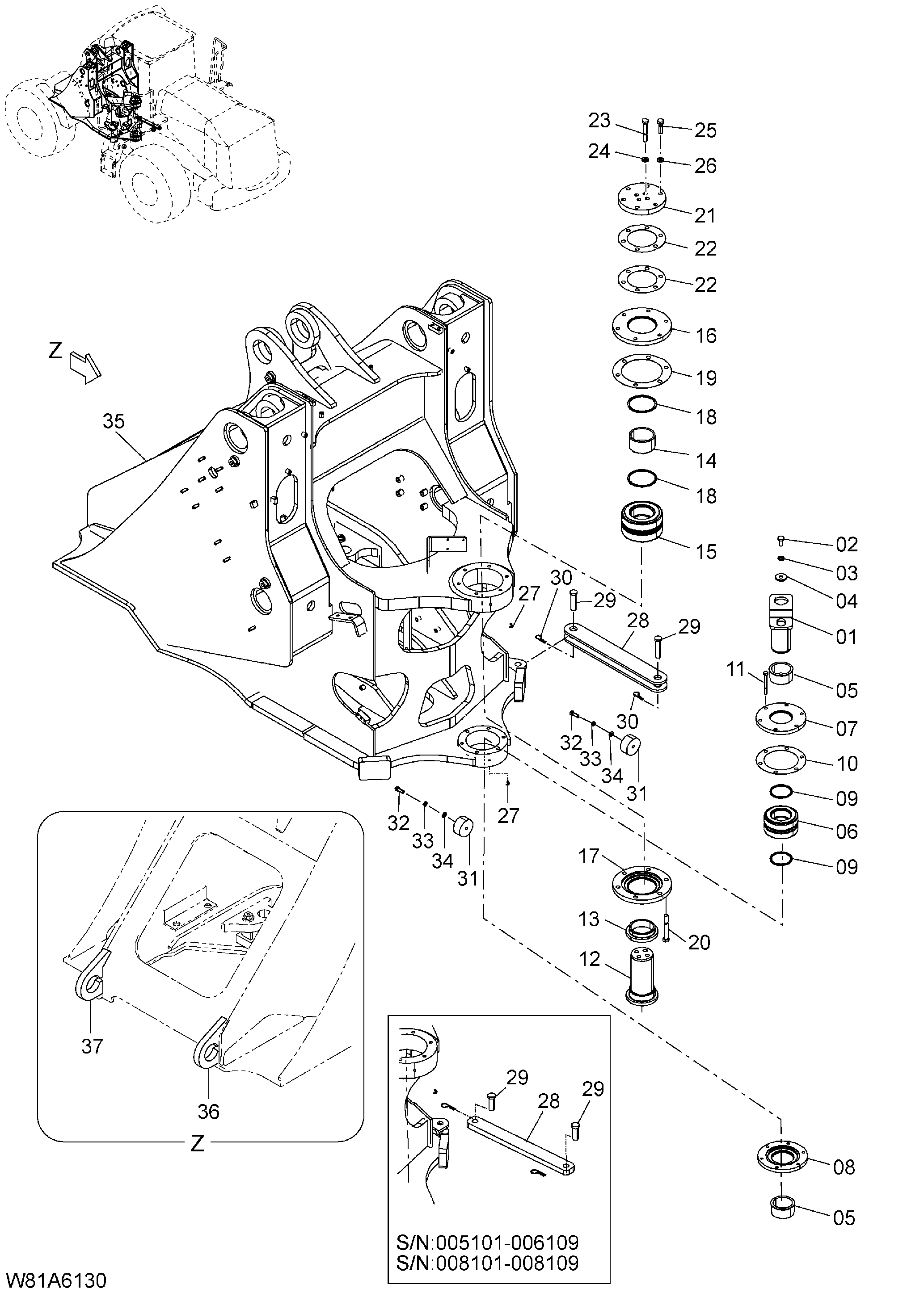 Схема Передний рама[6CH, HCH, HEH] HITACHI ZW250