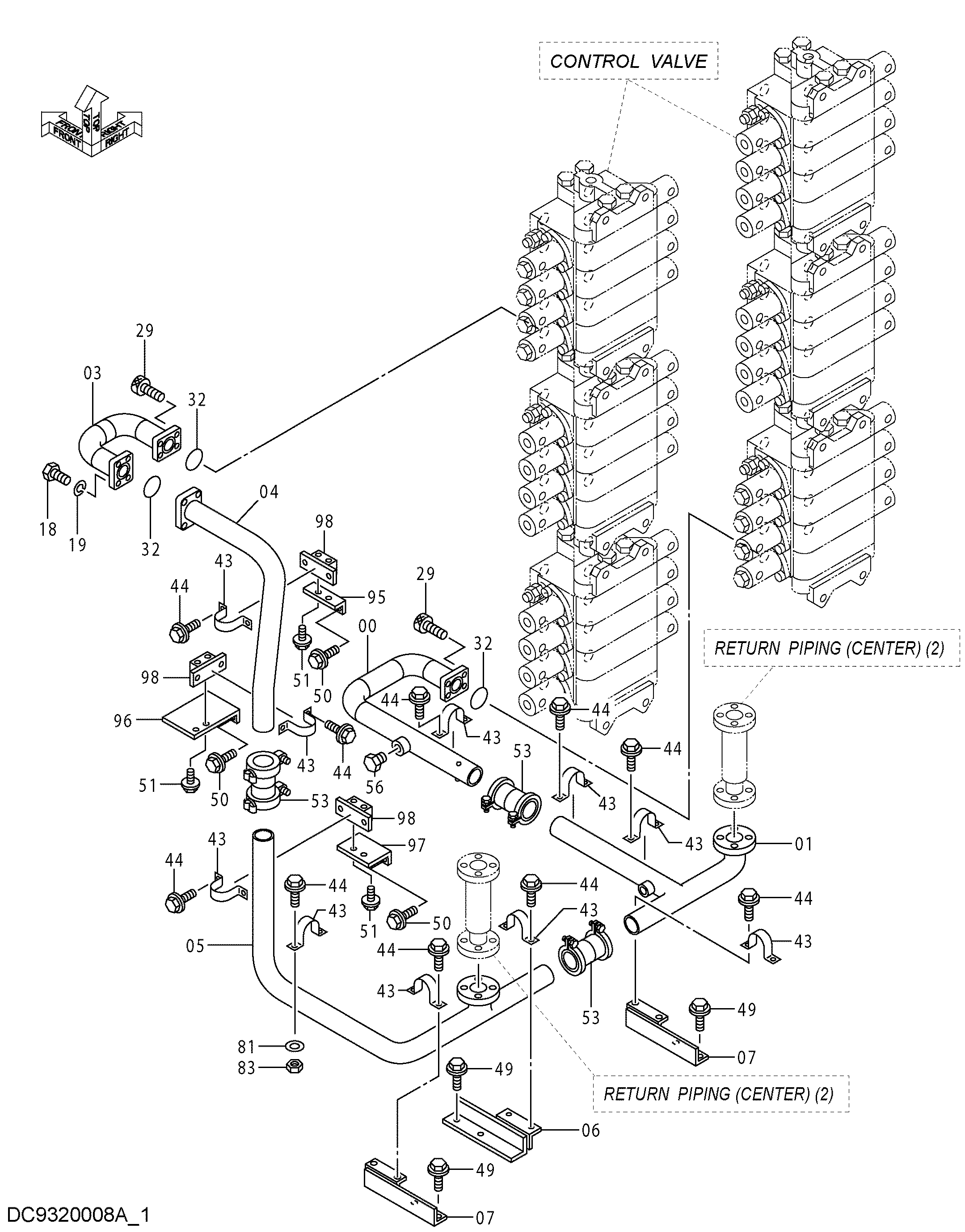 Схема Обратные трубопроводы (центральный)(1-1) HITACHI EX5600-6LD