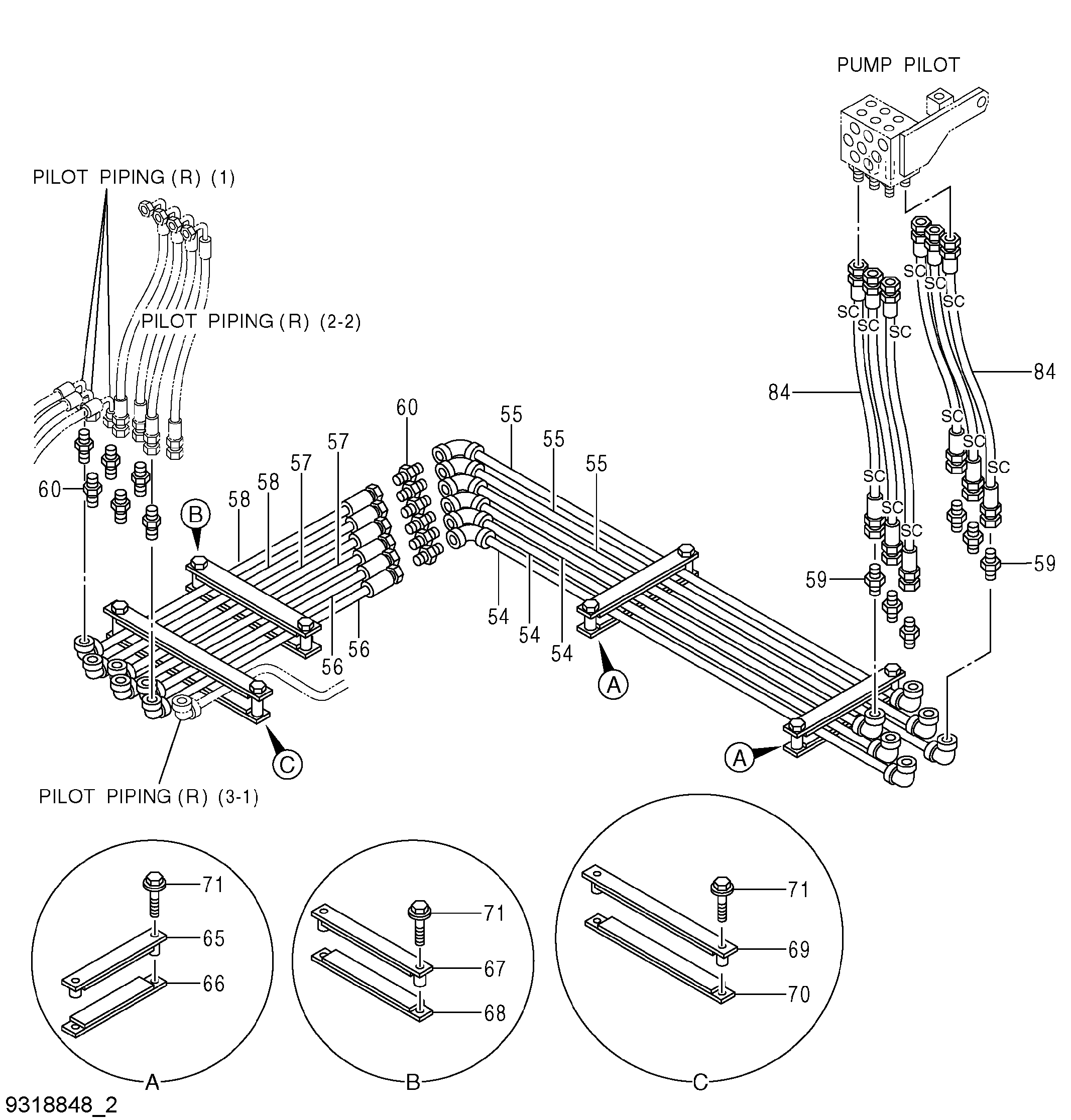 Схема Пилотные гидролинии (правый)(3-2) HITACHI EX5600-6BH