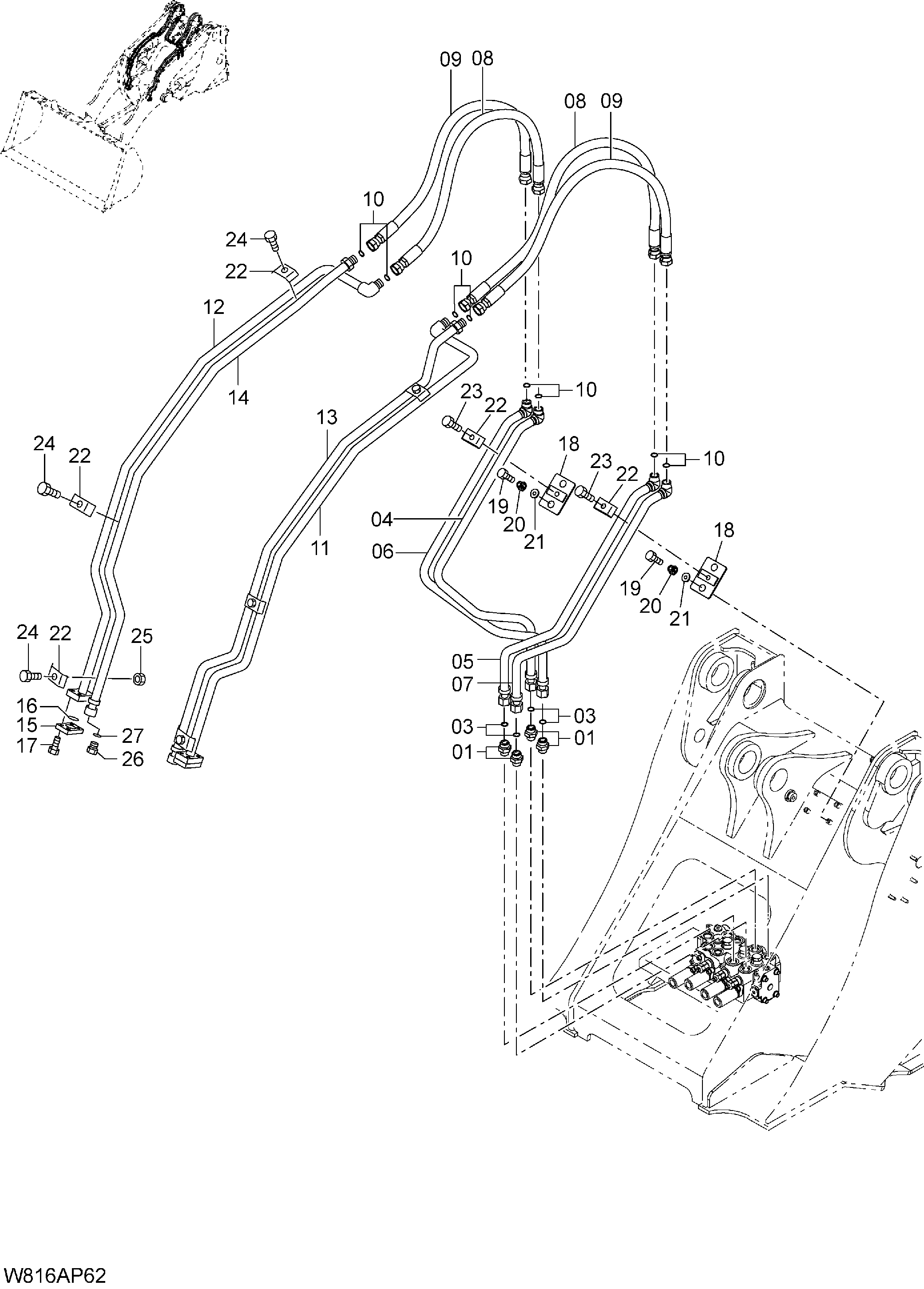 Схема Основные гидролинии(для 4-золотник)(AP4) HITACHI ZW220-HCMF