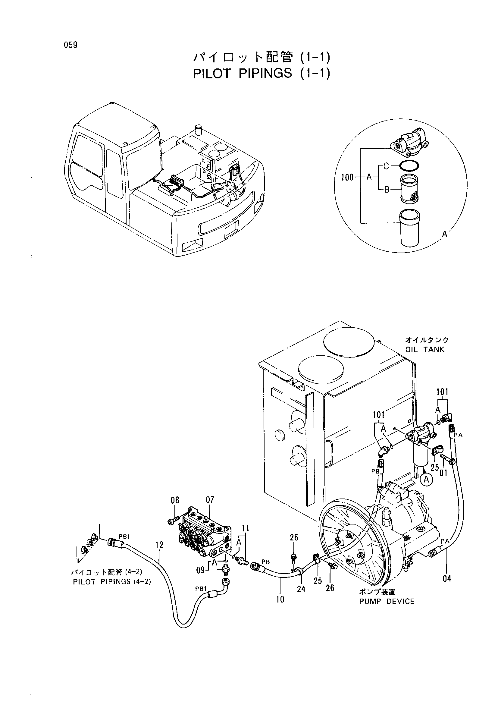 Схема Пилотный трубопроводы (1-1) HITACHI EX100WD-3