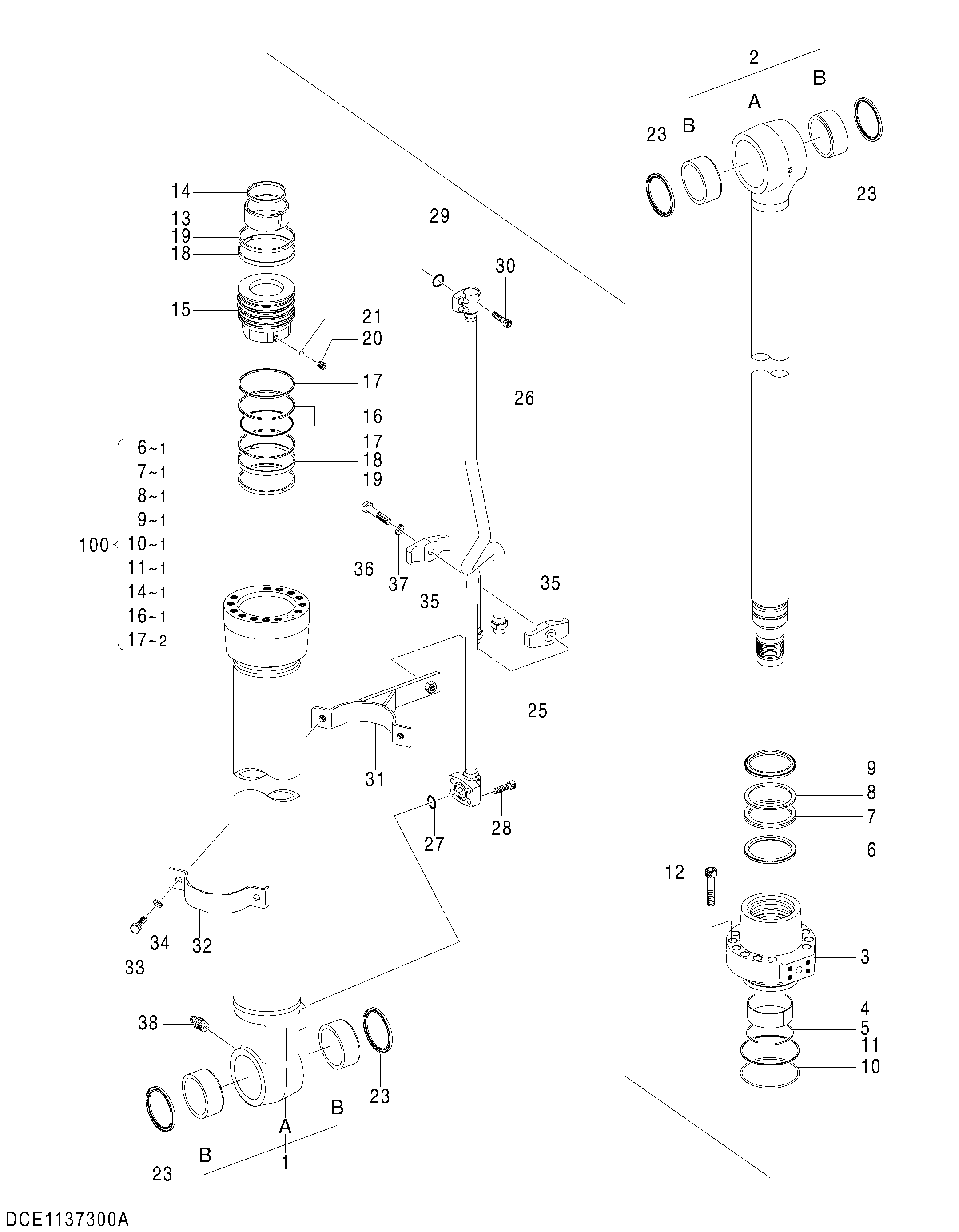 Схема Гидроцилиндр стрелы (левый)(моноблочный стрела) HITACHI ZX140W-3